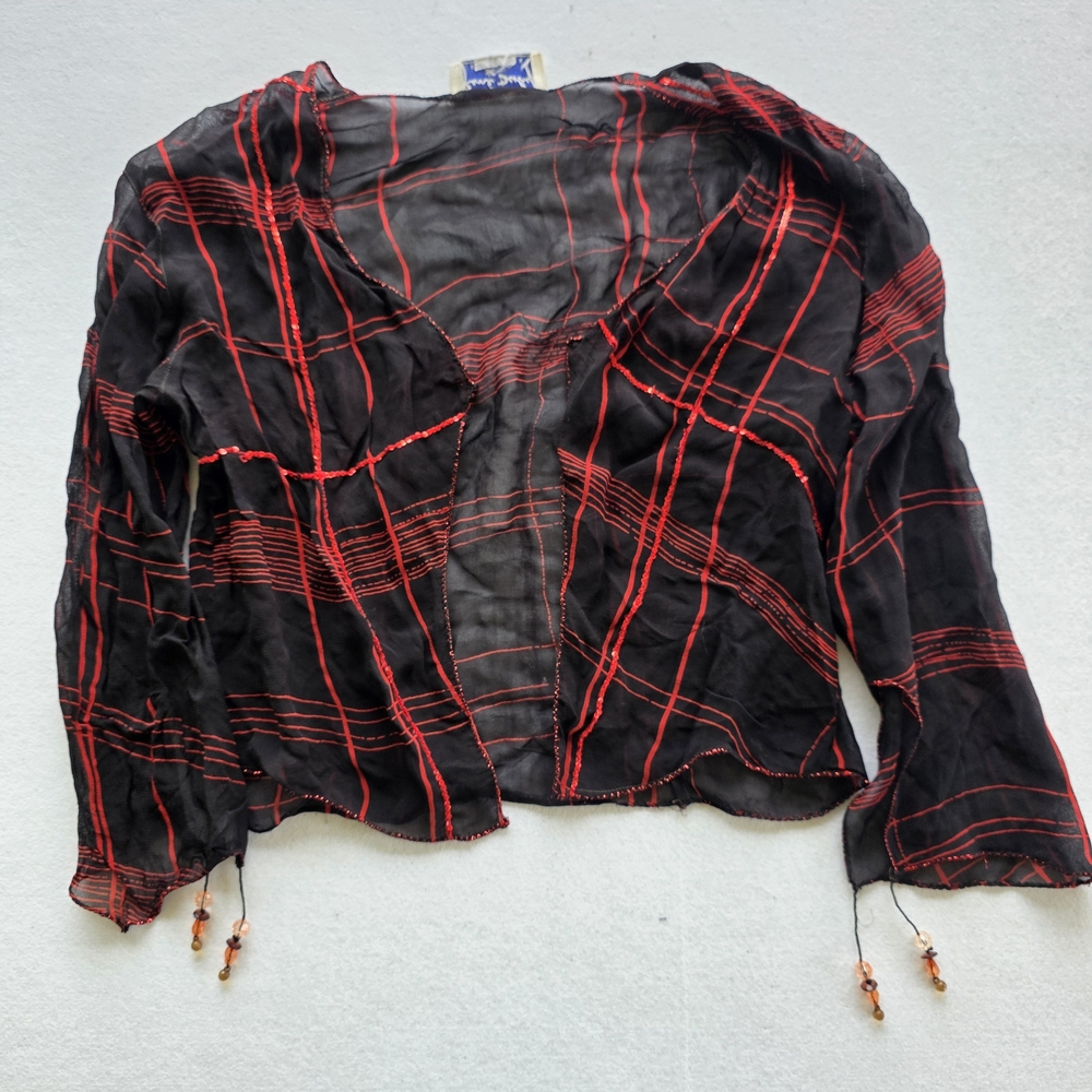 Vintage Sheer Black Cardigan with Red Plaid Stitching